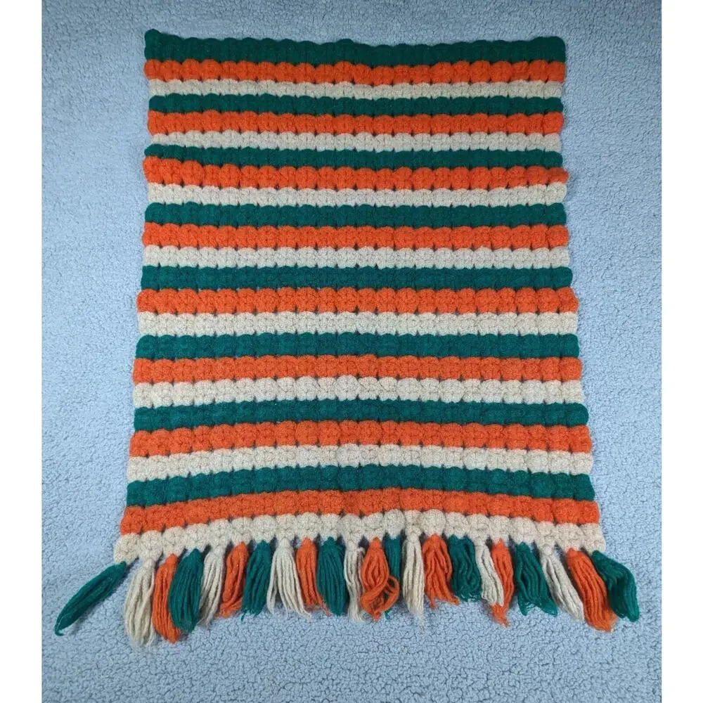 Handmade Crochet Afghan Throw Blanket Orange Tan Green Striped 24x32 Inch